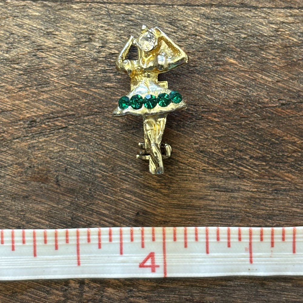 Ballerina Faux Emerald Crystal Brooch Gold Tone